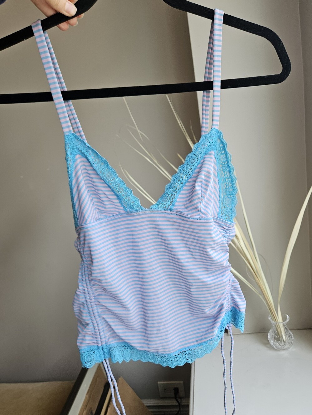 Princess Tam TamStriped Lace Trim Camisole Tank in Light Blue and Aqua - Size S